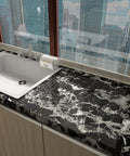 Kitchen with Extra Wide Black White Marble Contact Paper 31.5x197 Inches Peel And Stick Self Adhesive Vinyl Wallpaper Waterproof Oil Proof Glossy Textured Kitchen Countertop Removable on countertop.