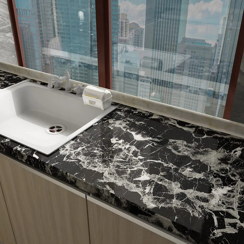 Kitchen with Extra Wide Black White Marble Contact Paper 31.5x197 Inches Peel And Stick Self Adhesive Vinyl Wallpaper Waterproof Oil Proof Glossy Textured Kitchen Countertop Removable on countertop.