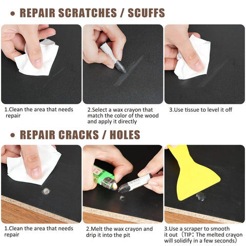 DIY Friendly Wood Repair Kit instructions showing how to repair scratches and holes using included tools and products.