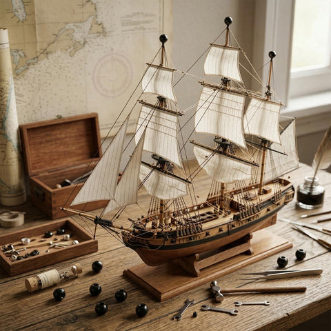 Model ship with sails and tools on a wooden table, surrounded by 18Pcs M4 x 9mm Threaded Ball Knobs and Screw Caps Set for Lighting DIY Projects.
