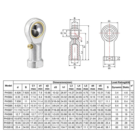 Two Pack One Quarter Inch Rod End Bearings With Pre Lubricated 28 TPI Right Hand Female Thread, 13 Degree Misalignment, Spherical Steel Body, Hardened Ball, Beefy Yet Precise, 7.7 kN Static And 4.5 kN Dynamic Load Capacity. dimensional drawing of 1/4-28 right hand female rod end bearing