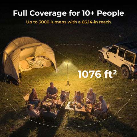 Telescopic Camping Lantern With 15600mAh Rechargeable Battery, 1000x3 Lumens Rotating Light illuminating a camp area at night