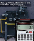 Pipe Trades Pro Advanced Layout And Design Calculator For Pipefitters Steamfitters Sprinklerfitters And Welders With Built In Data For Seven Materials Plus against industrial pipe background.
