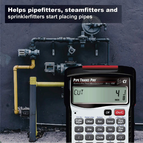 Pipe Trades Pro Advanced Layout And Design Calculator For Pipefitters Steamfitters Sprinklerfitters And Welders With Built In Data For Seven Materials Plus against industrial pipe background.