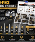 Heavy Duty Carbon Steel Rivet Nut Tool Set M3 To M8 Fits Thin Sheet Metal Tubing With Setter Creates Threaded Inserts Fast In Compact Case Good For Mechanics And DIY Guys Wanting Real Heavy Duty Gear For Any Job Site On The Go. 50-piece kit, M3-M8