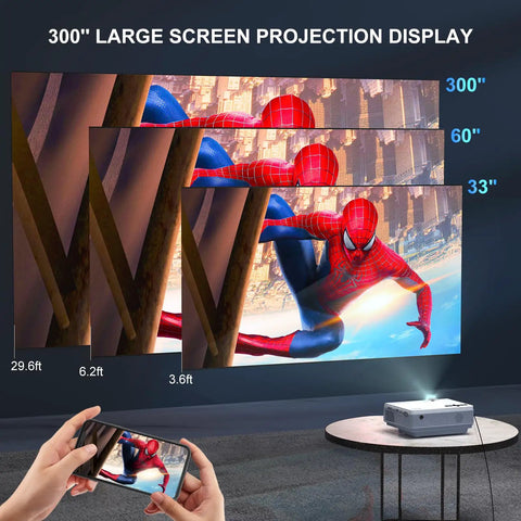 1080P Native Portable Movie Projector With 18000L Brightness, 5G WiFi And Bluetooth 5.3 projecting large image from smartphone