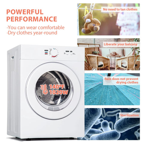 Front view of white Euhomy compact 1.8 cu ft portable clothes dryer with glass door and control dial