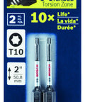Pack of 2 Pack 2 Inch Torx Size 10 Impact Tough Screwdriving Power Bits in packaging with torsion zone detail.