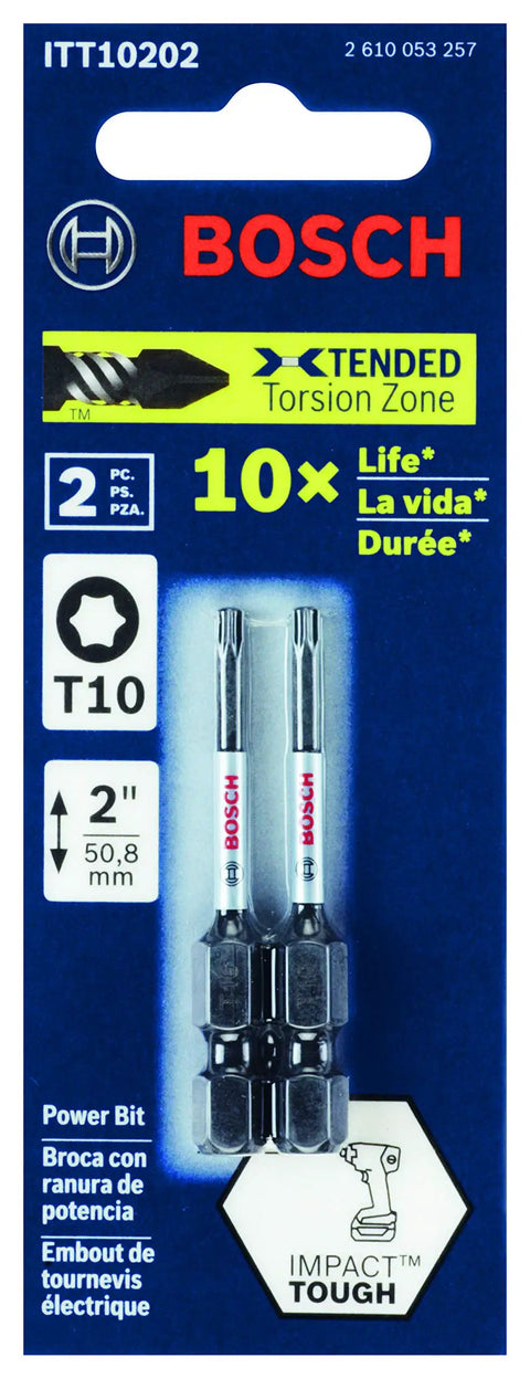 Pack of 2 Pack 2 Inch Torx Size 10 Impact Tough Screwdriving Power Bits in packaging with torsion zone detail.