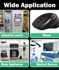 Image showing applications of KW3 Snap Action Switch: industrial control panel, computer mouse, home appliances, and medical devices.
