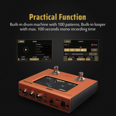 Ampero Mini MP-50 Guitar and Bass Amp Modeling Console with IR Cabinets, orange, showing drum machine and looper controls