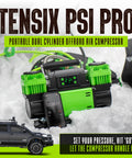 TenSix PSI Pro Technology 12 Volt Air Compressor Heavy Duty in snow with dual cylinders, 4ft stainless hose, and pressure display.