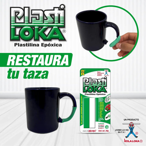 Versatile Epoxy Putty For Repairs And Modeling 40 g shown in use repairing a black cup, packaging visible, durable plastic-like finish