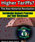 Book cover of 'Higher Tariffs?' highlighting sustainable buyback programs, tariffs, and economic benefits with graphics.
