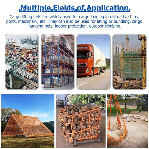 Collage of cargo loading and transport using Beefy One Ton Lifting Net Mesh Cargo Net For Secure Hoisting And Transport In Construction And Logistics Durable Polyester With Anti Slip Wear Resistant Design