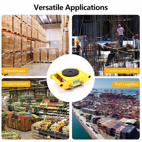 Heavy-Duty Industrial Machinery Mover Skate With 360-Degree Rotating Turntable, Steel Base Machine Dolly Skating Platform shown in warehouse and construction sites.