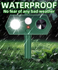 Solar Powered Ultrasonic Animal Repeller Pro Defense For Garden And Yard Deterrent Scares Deer Raccoon Squirrel Cats Rabbits Skunk With Motion Sensor Light IP65 Weatherproof Outdoor Protector, waterproof in rain