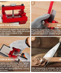 All In One Chisel Sharpening Kit With Honing Guide And 400 1000 Grit Diamond Stones Non Slip Base And Angle Guide Plus Hex Key And Storage Bag For Sharp Chisels And Plane Blades being used to sharpen chisel on wooden workbench.