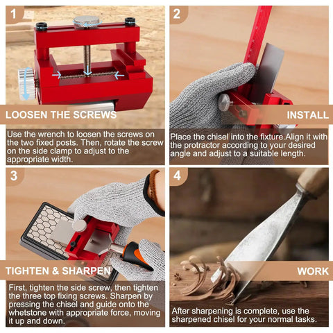 All In One Chisel Sharpening Kit With Honing Guide And 400 1000 Grit Diamond Stones Non Slip Base And Angle Guide Plus Hex Key And Storage Bag For Sharp Chisels And Plane Blades being used to sharpen chisel on wooden workbench.