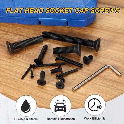 Built Tough Carbon Steel M2.5x6 Flat Head Socket Cap Screws 100 Piece Bundle with hex key on wooden surface.