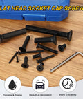 Top Shelf M2x4 Flat Head Socket Cap Screws 100 Pack Heavy Duty Carbon Steel with hex key on wooden surface.