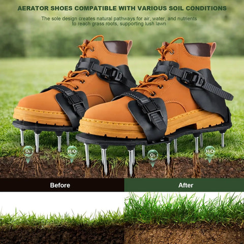 Lawn Aeration Shoes With 2 Inch Stainless Steel Spikes Adjustable Straps Tool Free Setup Grass Aerator Sandals on grass