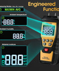 Close-up of 7 In 1 Digital Wood Moisture Meter displaying temperature, humidity, and moisture readings