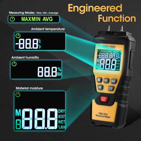 Close-up of 7 In 1 Digital Wood Moisture Meter displaying temperature, humidity, and moisture readings