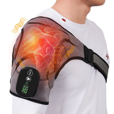 Cordless Shoulder Heating Pad With Massage On The Go worn on shoulder, showing digital controls and heat emission illustration