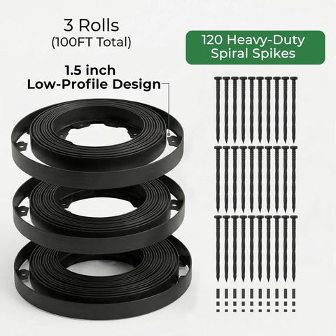 1.5 Inch Tall Landscape Edging Kit With 33 Ft Per Piece, 3 Pack Includes 120 Spikes, No Dig Lawn Border