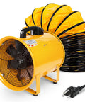 Beast 12-Inch Industrial Blower Fan With 2400 CFM High-Power Airflow, yellow body, black fan blades, yellow 32-foot hose, and 7-foot cable