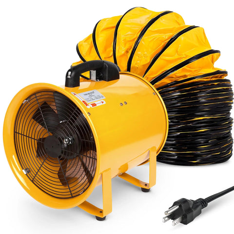 Beast 12-Inch Industrial Blower Fan With 2400 CFM High-Power Airflow, yellow body, black fan blades, yellow 32-foot hose, and 7-foot cable