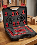 8 Pack Premium Corner Clamps For Woodworking, Precision 90 Degree Right Angle Positioning Squares In Aluminum Alloy With Storage Case, open toolkit with red corner clamps.