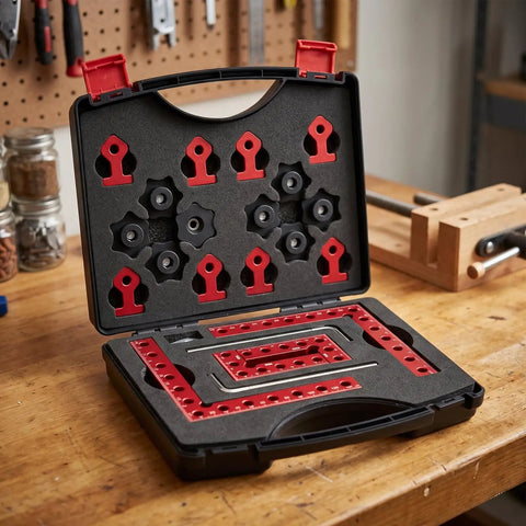 8 Pack Premium Corner Clamps For Woodworking, Precision 90 Degree Right Angle Positioning Squares In Aluminum Alloy With Storage Case, open toolkit with red corner clamps.