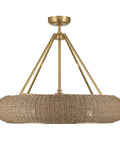 Stunning Handwoven White Seagrass Fandelier Ceiling Fan With No Sweat Remote And Four Warm Brass Shades For A Super Chill Coastal Living Room Refresh, shown from side angle.