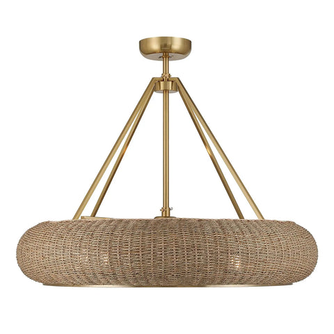 Stunning Handwoven White Seagrass Fandelier Ceiling Fan With No Sweat Remote And Four Warm Brass Shades For A Super Chill Coastal Living Room Refresh, shown from side angle.