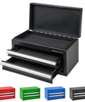 Black compact metal tool chest with 2 drawers and PVC liners, powder coated steel, multi-purpose storage for small tools.