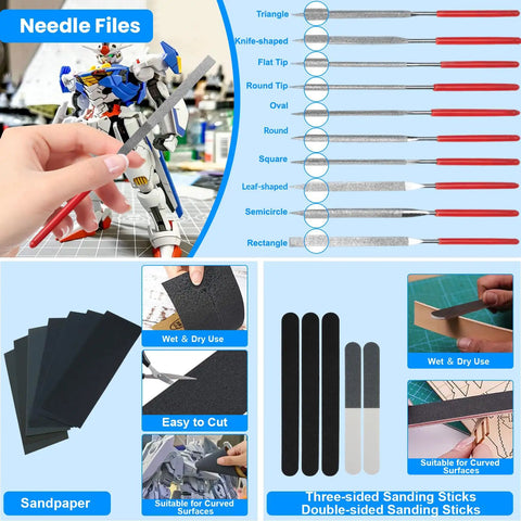 192 Piece Model Tool Kit For Figure And Vehicle Models, needle files, sandpaper, sanding sticks, detailed view with labels