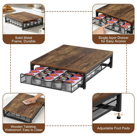 Dope Wooden Coffee Pod Holder With Sliding Drawer, Large Capacity K Cup Storage, metal frame, adjustable foot pads, wooden top