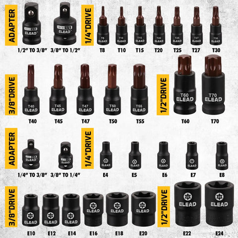 Rugged 31-Piece Torx Bit Socket Set With 14 Star Bits T8 Through T70 And 13 E-Torx Sockets E4 Through E24, Pro Grade CR-V And S2 Alloy Steel