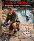 Heavy Duty Submersible Water Pump With 4600 GPH Flow Rate And Built In Filter Base For Quick Basement Drainage Or Pool Cleanup Moves Water Like A Charm Zero Hassle Setup, man plugging it in by the pool.