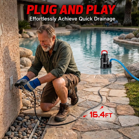 Heavy Duty Submersible Water Pump With 4600 GPH Flow Rate And Built In Filter Base For Quick Basement Drainage Or Pool Cleanup Moves Water Like A Charm Zero Hassle Setup, man plugging it in by the pool.