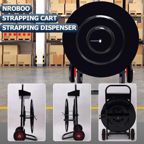 Beast Heavy Duty Strapping Cart With Built In Tray And Dispenser in warehouse setting, side and rear views displayed