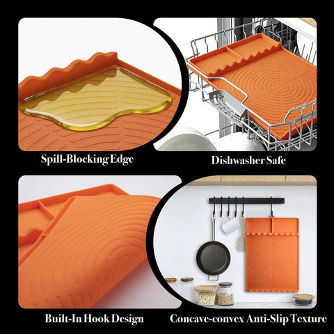 Orange Silicone Griddle Mat 5 In 1 Organizer For BBQ Tools And Drip Pad Side Mat showing texture and dishwasher placement