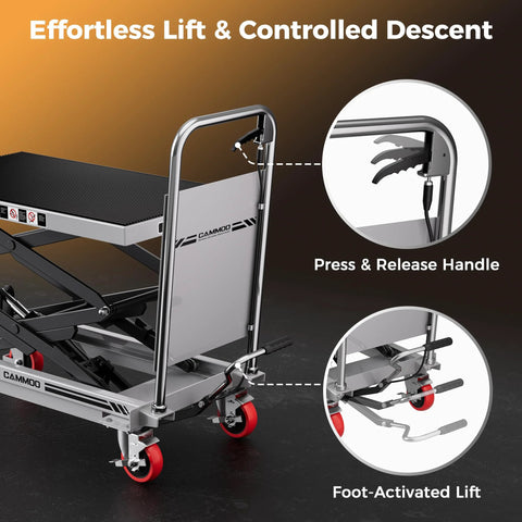 CAMMOO hydraulic lift table cart, gray with black non-slip pad; front view showing foot-activated lift and caster wheels.