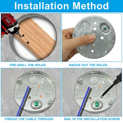 Installation method images for Built Tough Shallow Round Metal Electrical Junction Box 1/2 Inch Deep Galvanized Steel Wiring Hub 2 Pack.