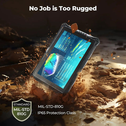 Badass 12.2 Inch Rugged Windows Tablet Featuring Hot Swap Dual Batteries And Easy Ssd Upgrades IP65 Waterproof Portable Pc in dirt.