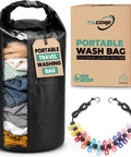 Grab And Go Portable Travel Washing Machine With Retractable Clothesline For Hotels Cruises And Camping Easy Manual Hand Wash Bag with colorful clips.