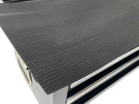 Close-up of Beefy Two Drawer Portable Metal Tool Chest Cabinet With Ball Bearing Drawer Slides And 26 Inch Steel Storage Box Organizer Central Cam Lock Non Slip Drawer Liners Black showing non-slip liner.
