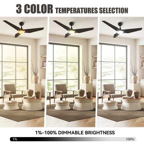 52 Inch Smart Ceiling Fan With Light In Dark Walnut, 3 Blade Low Profile Ceiling Fan, Adjustable 2700K 3500K 4000K Color Temperature